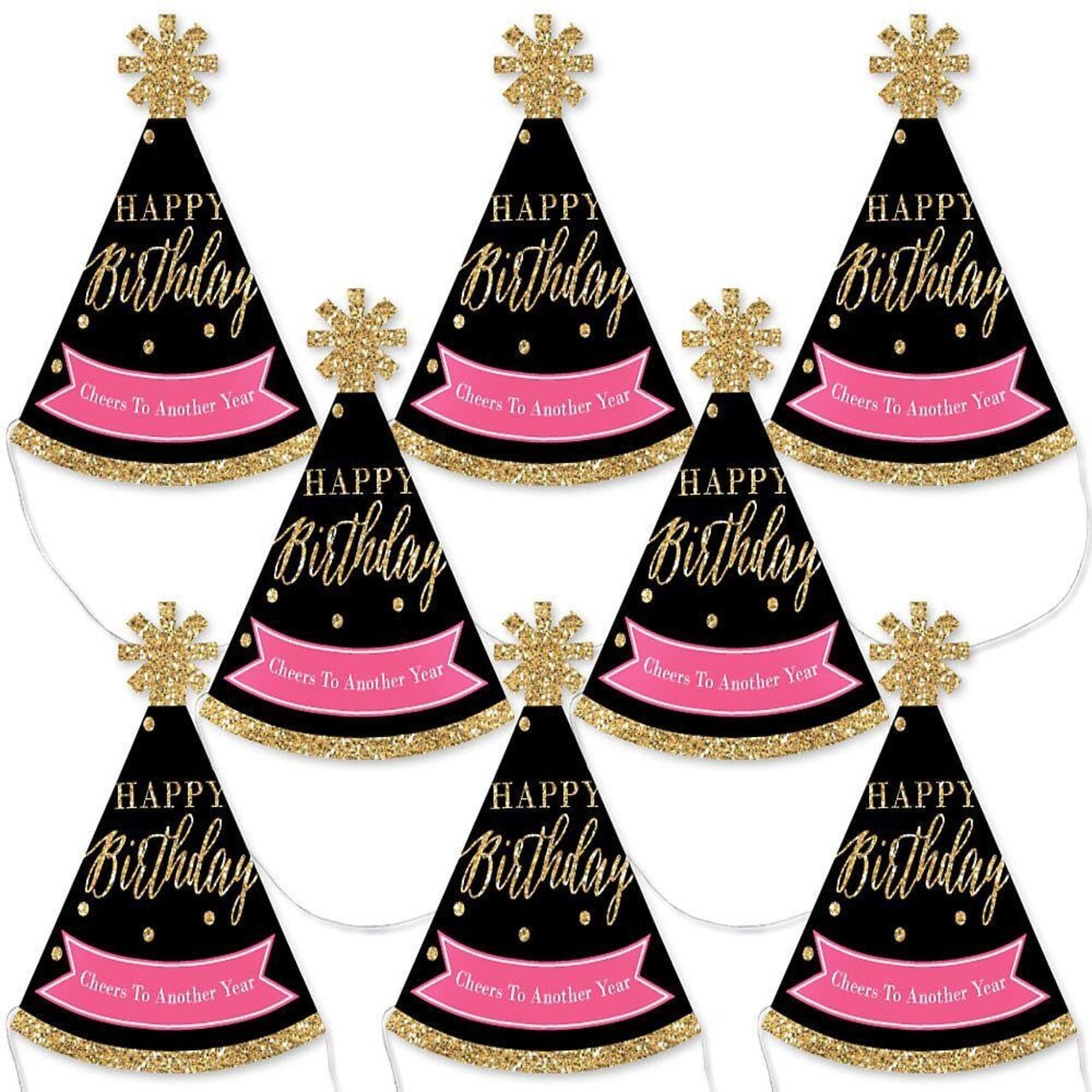 Big Dot of Happiness Chic Happy Birthday - Pink, Black and Gold - Mini Cone Birthday Party Hats - Small Little Party Hats - Set of 8